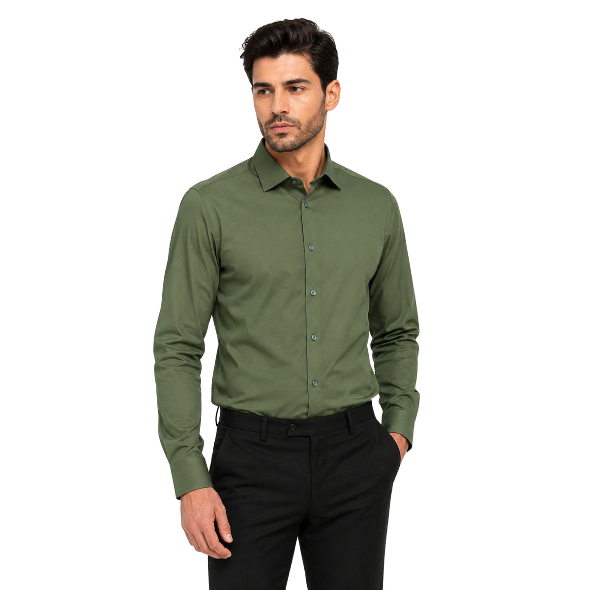 Morenzo Mens Lycra Sateen Long Sleeve Shirt In Olive