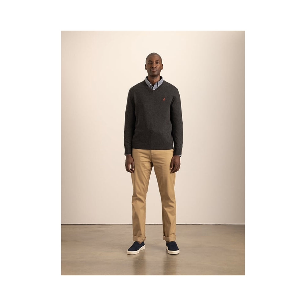 Polo Mens Ls Cotton V Neck Knitwear Charcoal