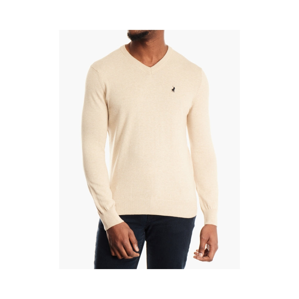 Polo Mens Ls Cotton V Neck Knitwear Stone