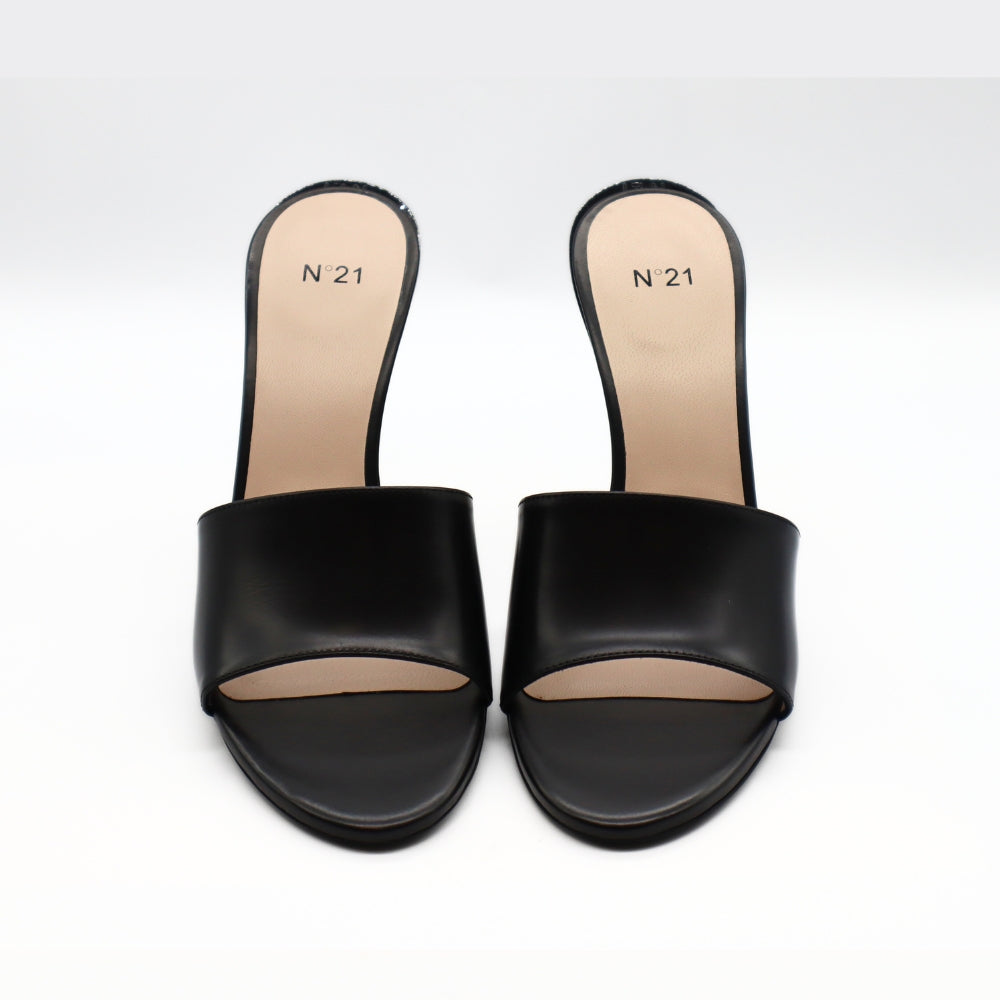 Nº21  23Icpxnv16004 Sabot Open Toe Leather Mules Black