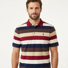Polo Mens Broad Stripe Golfer In Burgundy
