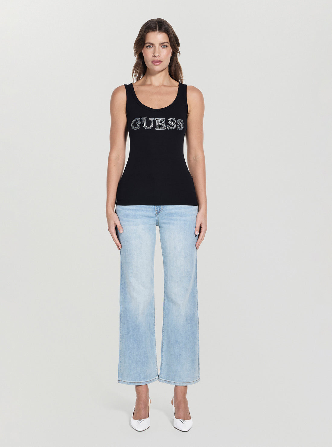 Guess Ladies Embellished Black Logo Tank Top