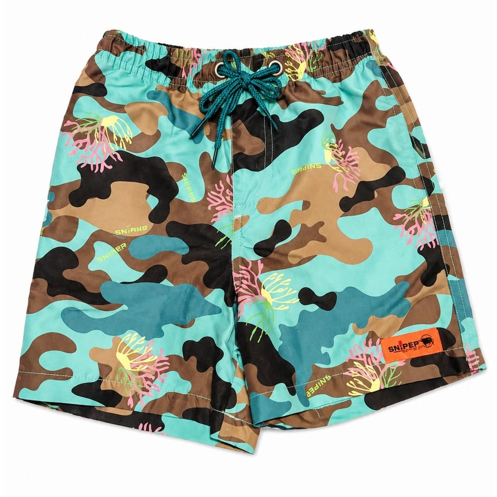 Sniper Kiddies Boy Swim Shorts In Coral Camouflage
