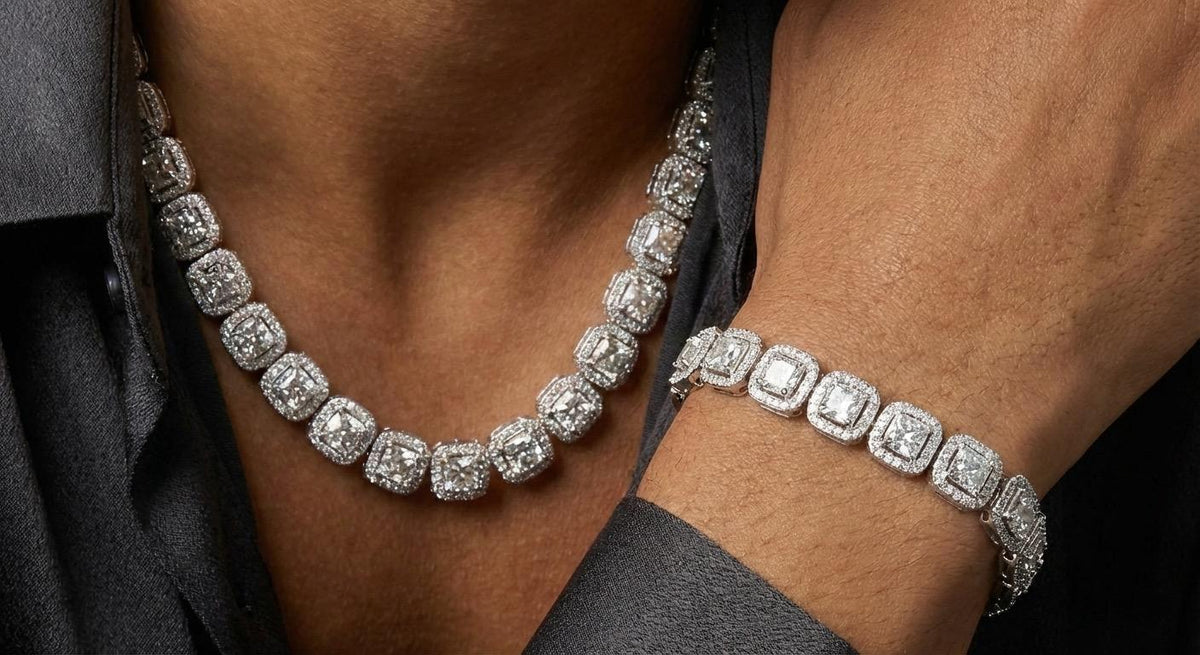 Close view of the halo necklace and bracelet at the collar