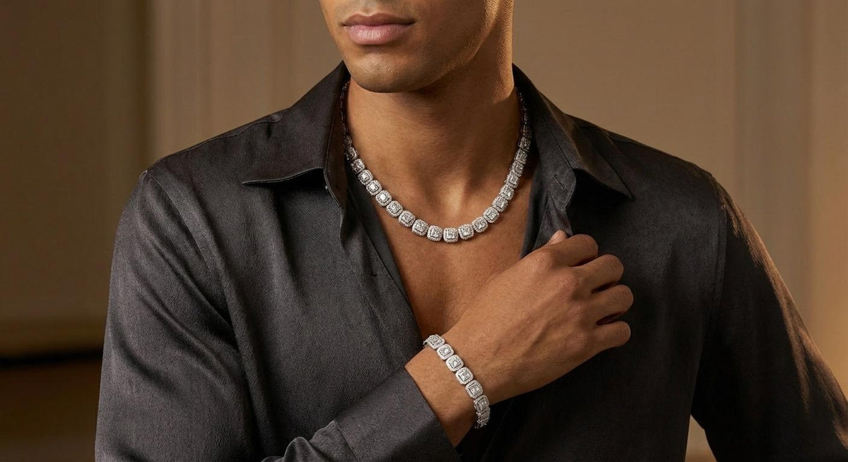 The halo necklace worn with an open collar