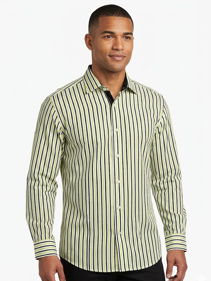 Harmont & Blaine Mens Linen Long Sleeve Shirt  In Lime And Black