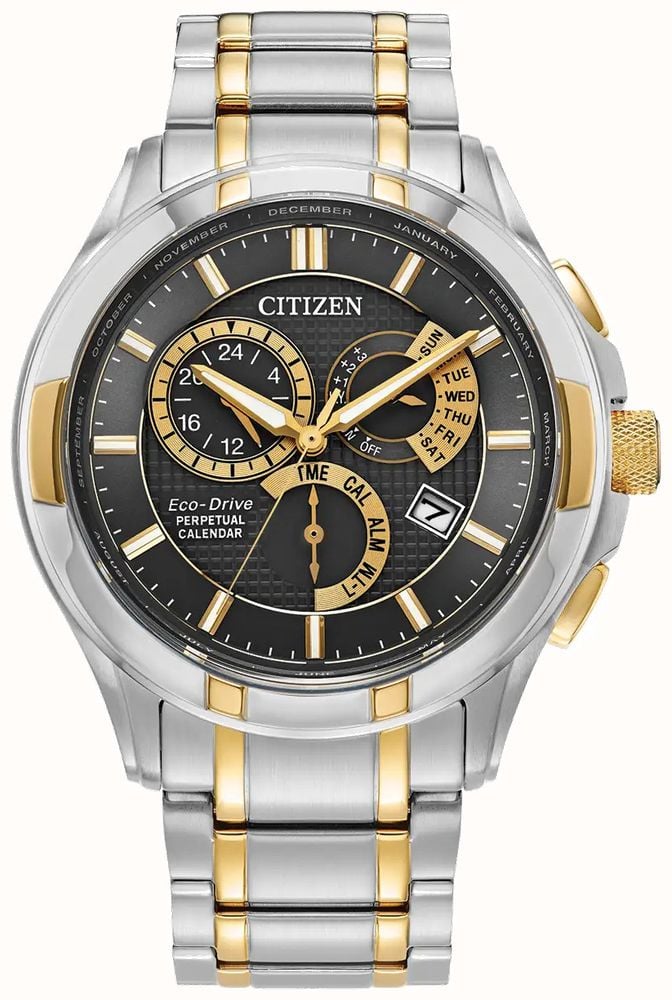 Citizen Mens Two Tone Eco Drive Classic Chronograph Stainless Steel Watch In Silver/Gold/Black Dial