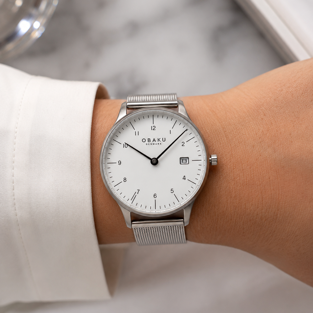 Obaku Womens Chia Lille Stainless Steel Mesh Watch In Sliver/White Dial