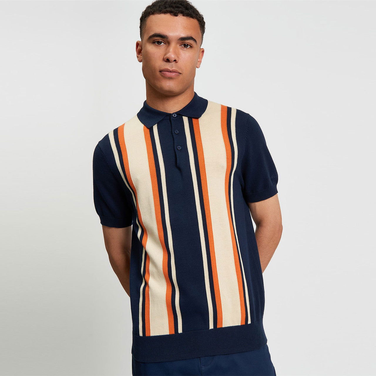 Ben Sherman Mens Vertical Stripe Golfer In Dark Navy