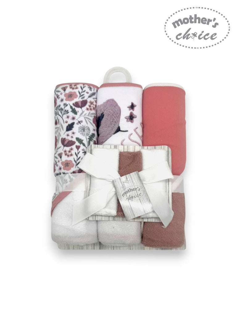 Mother's Choice 3Pc Hooded Towels And 3Pc Facecloths In Pink Plants