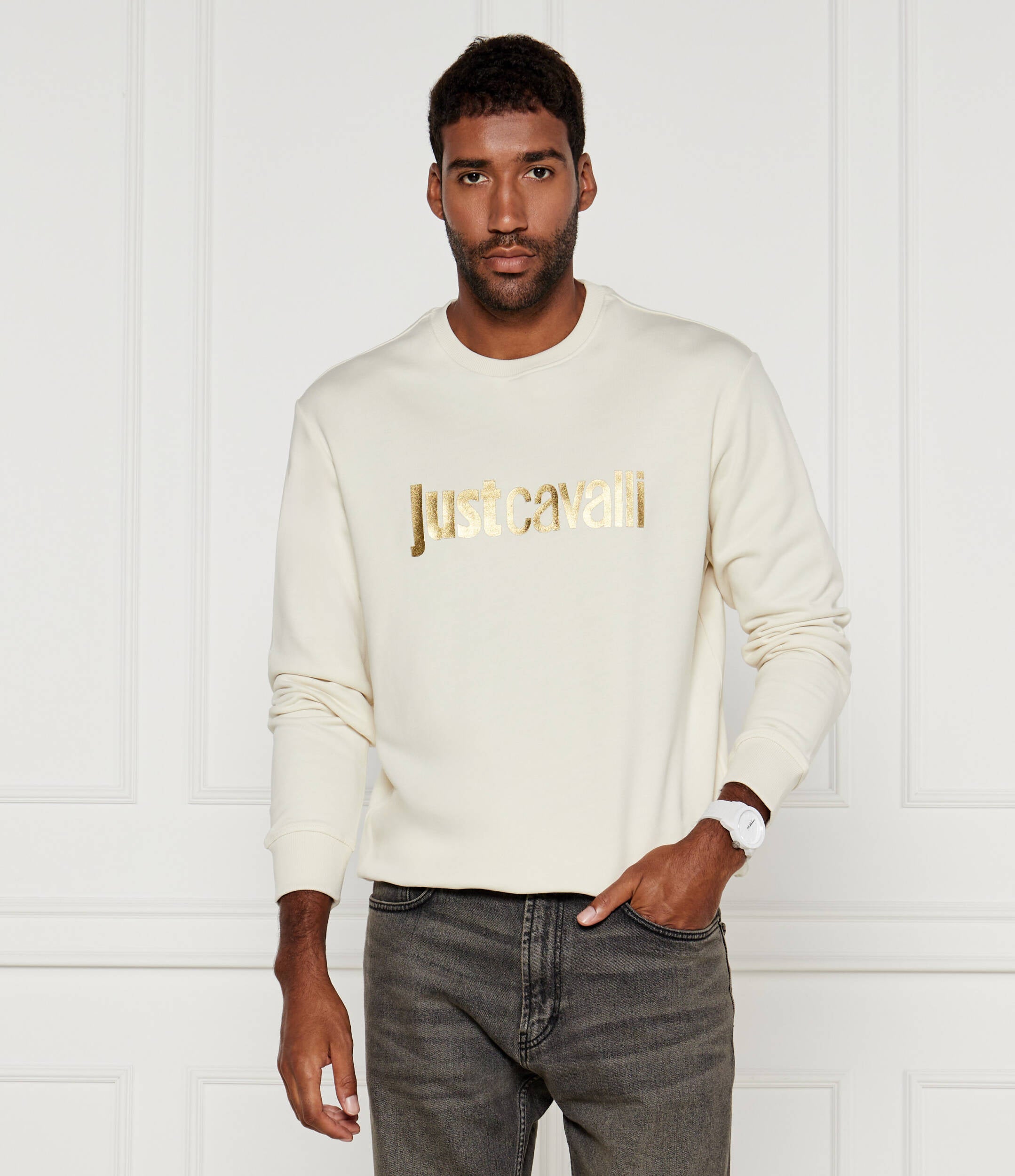 Just Cavalli Mens Cotton Fleece Sweatshirt In Off White