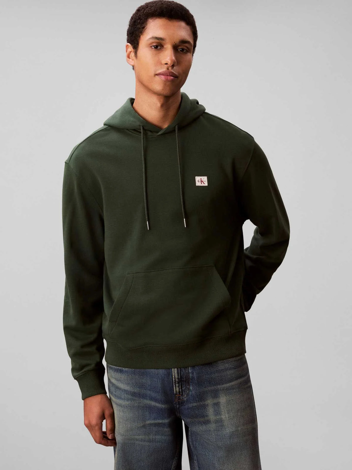Calvin Klein Mens Terry Badge Hoodie In Dark Green