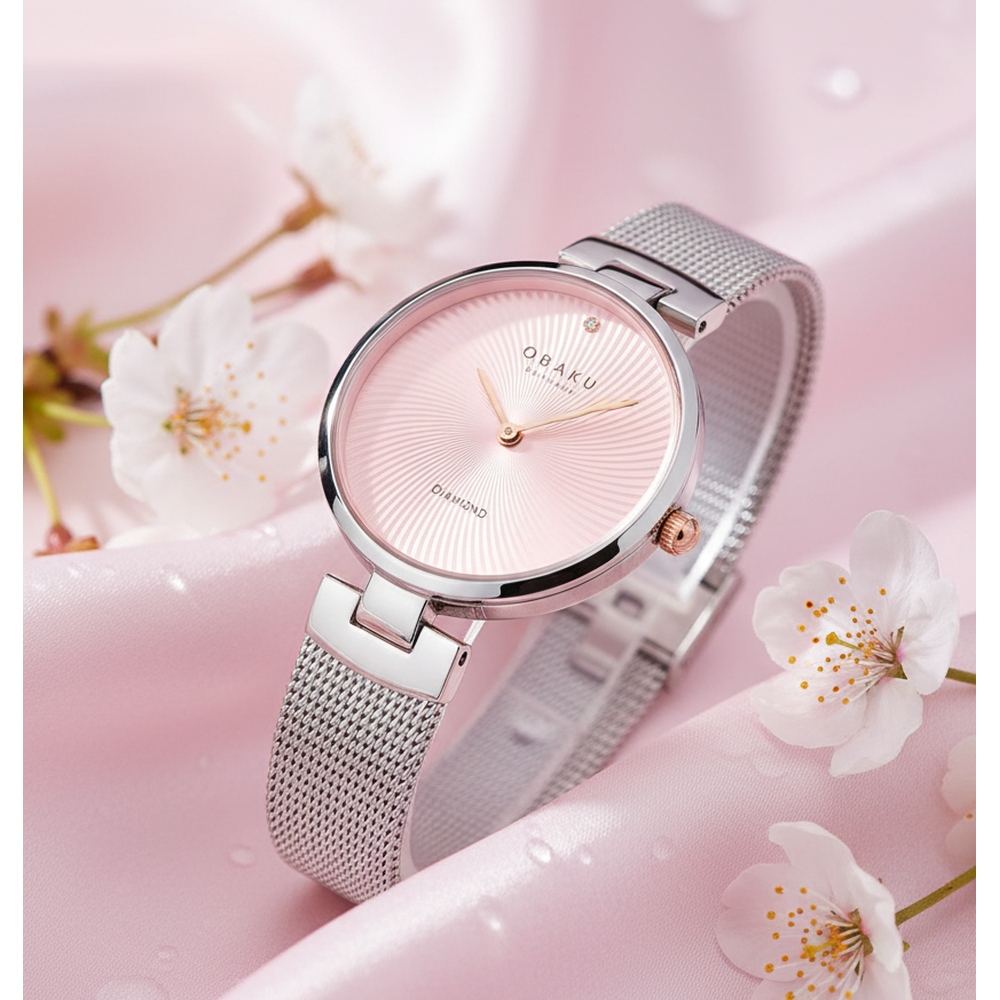 Obaku Womens Bergonia Diamant Stainless Steel Mesh Watch In Silver/Pink Dial