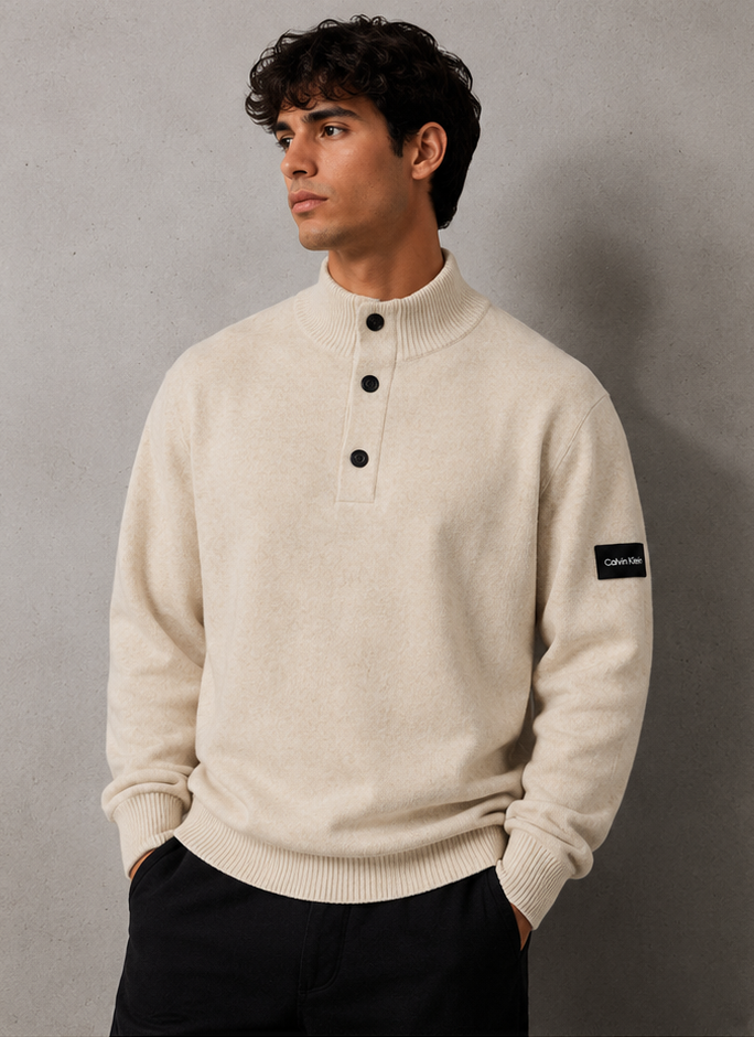 Calvin Klein Lycra Blend Button Quarter Zip In Beige