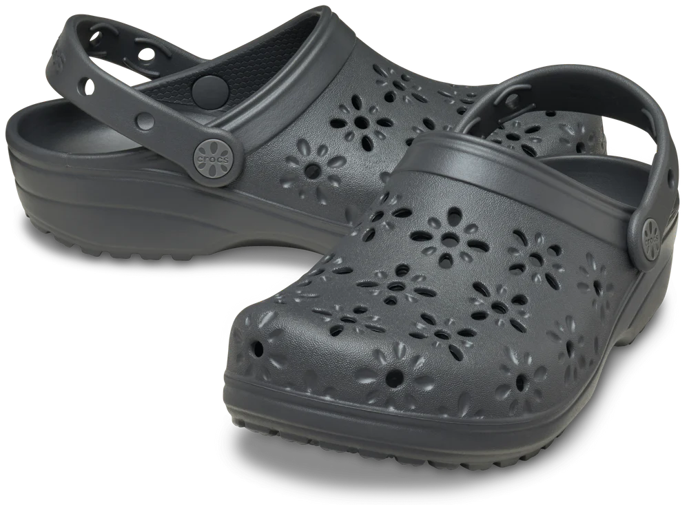 Crocs Womens Classic Floral Cutout Shoes In Charcoal