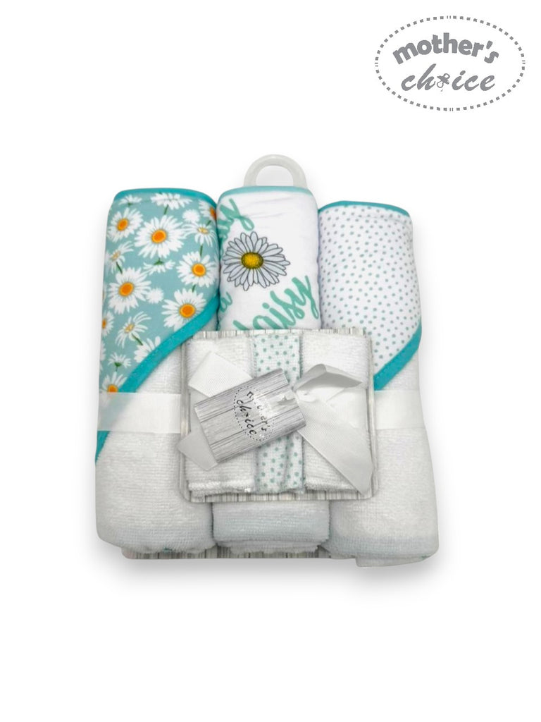 Mother's Choice 3Pc Hooded Towels And 3Pc Facecloths Pretty On A Daily Sunflower iIn White/Turquoise