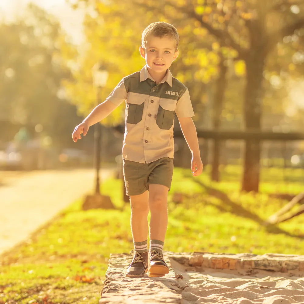 Boerboel Boys Shirt & Short Set in Olive & Stone