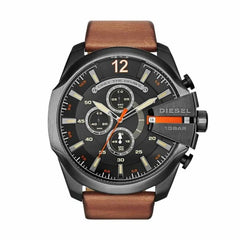 Diesel Gents Black Dial Tan Strap Watch