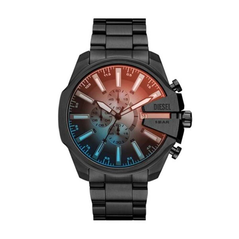Diesel Mens Mega Chief Slim Chronograph Stainless Steel Watch In Gunmetal Black/Blue Brown Dial
