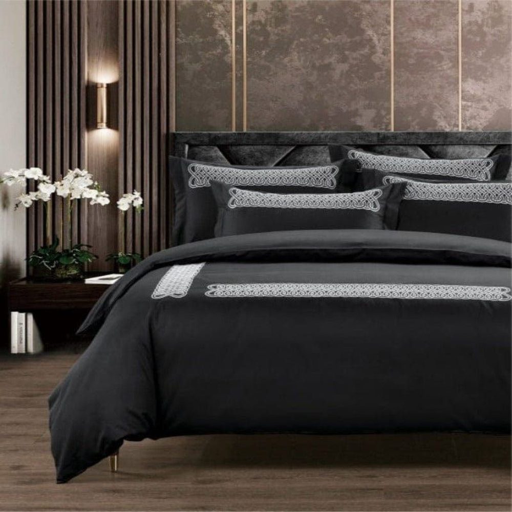 Egyptian Cotton 400 Thread Count Ottavia Duvet Cover Set In Black & Silver
