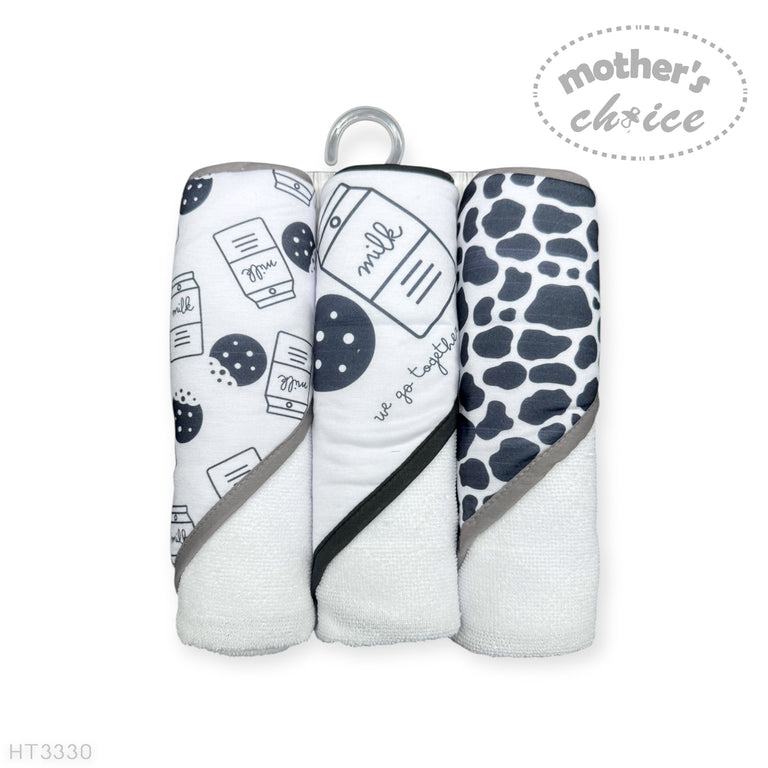 Mother's Choice 3Pc Hooded Towels And 3Pc Facecloths Milk Bottles in White/Black