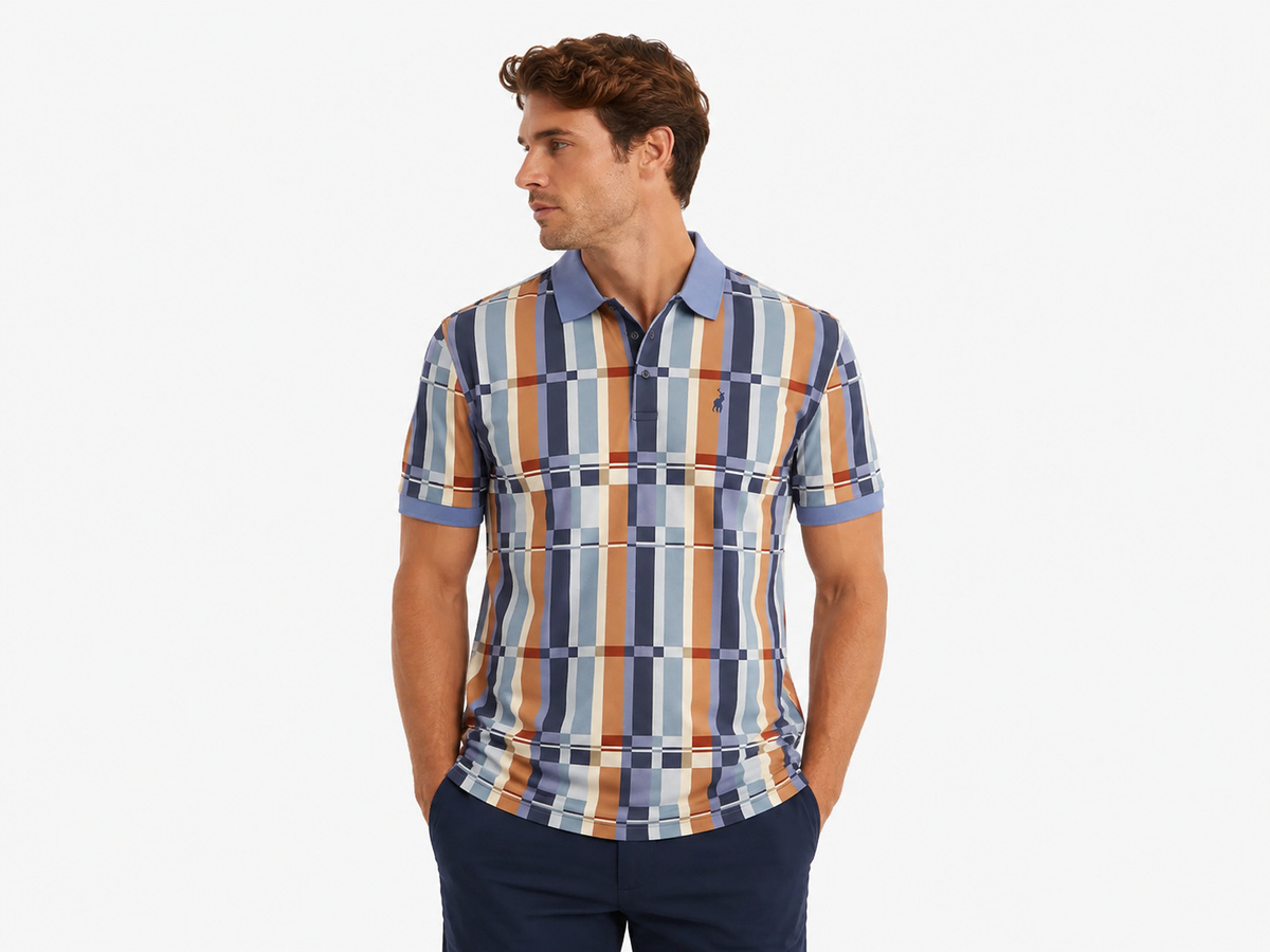 Polo Mens Abstract Check Print Mercerised Golfer In Blue Multi