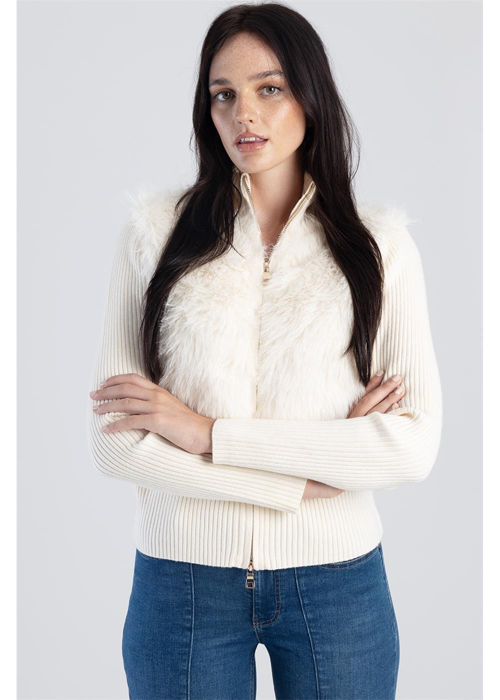 Sissyboy T30326 Faux Fur Zip Ribbed Knit Top  Cream