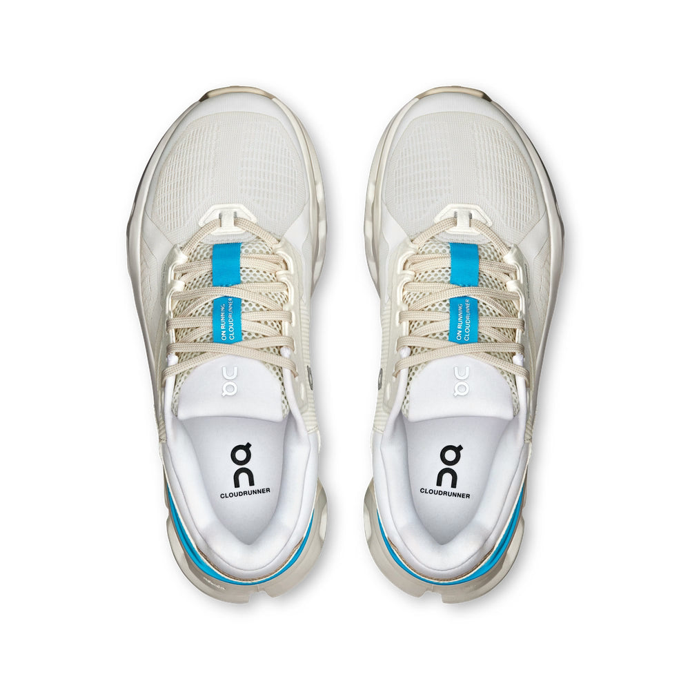 On Womens Cloudrunner 2 Sneakers In White/Horizon