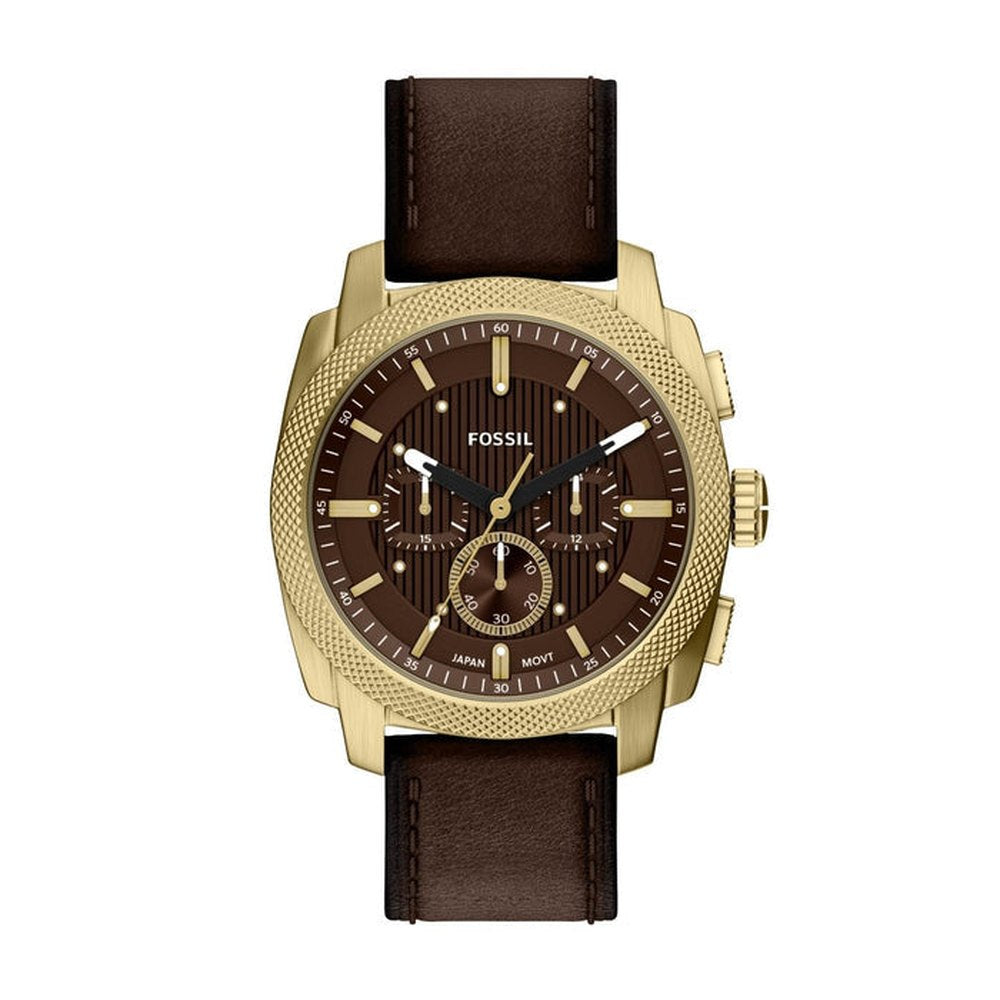 Fossil Mens Machine Chrono Brown Leather Watch In Gold