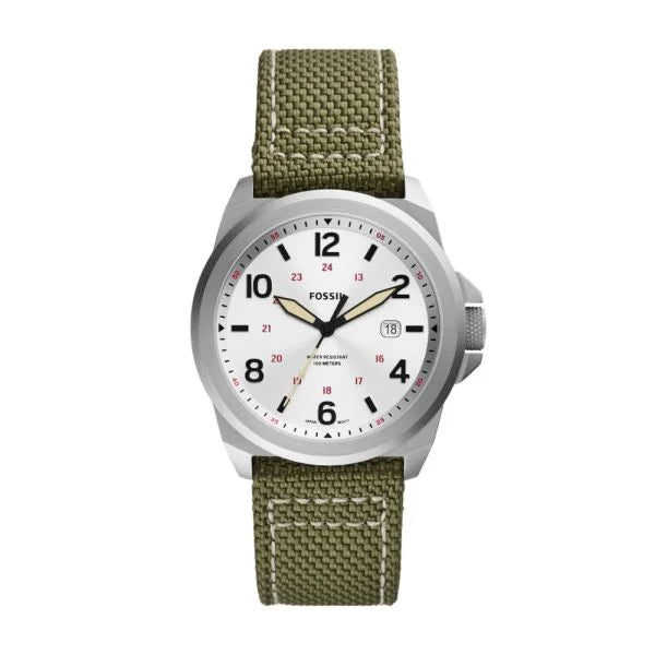 Fossil Bronson Olive Nylon Strap Silver Watch