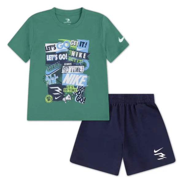 Nike Boys Collage T-Shirt And Short 2 Piece Set In Green And Blue