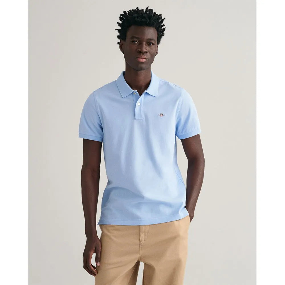 Gant Mens Regular Shield Short Sleeve Pique Polo Shirt In Light Blue