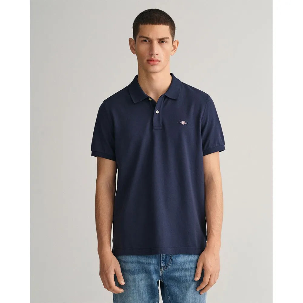 Gant Mens Regular Shield Short Sleeve Pique Polo Shirt In  Navy