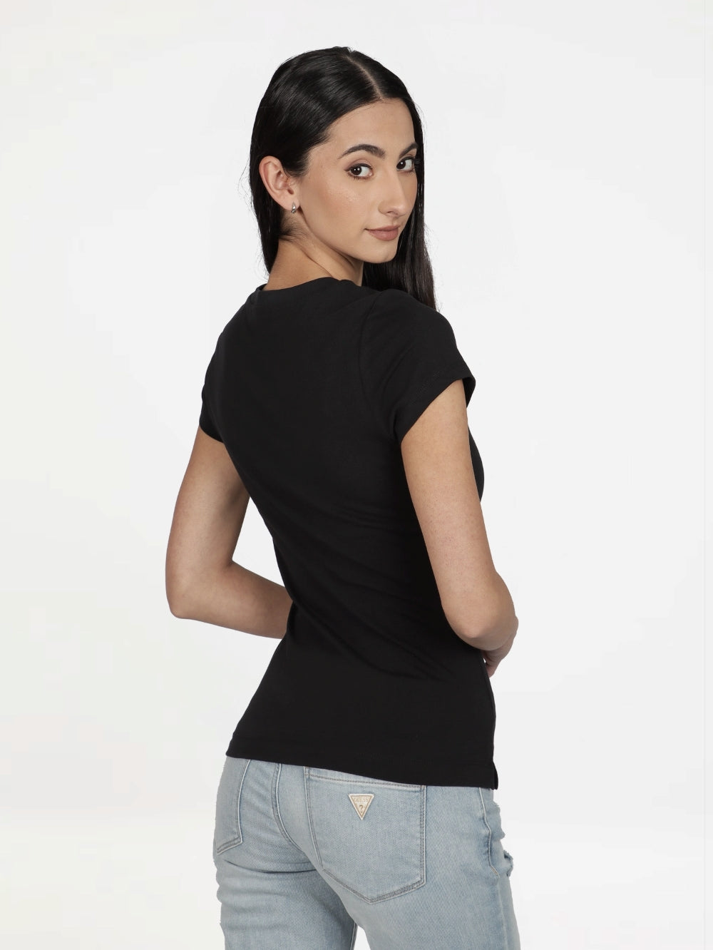 Guess Womens Short Sleeves Cn Sequins T-Shirt In Black