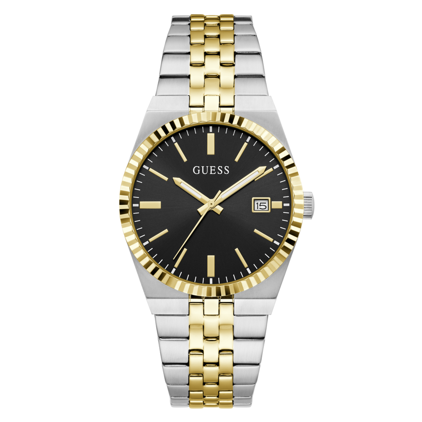 Guess Mens Vincent Two Tone Analogue Stainless Steel Watch In Silver/Gold/Black Dial
