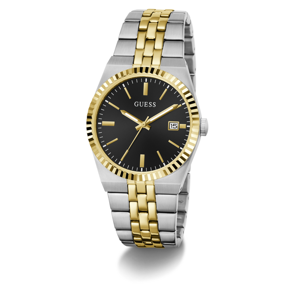 Guess Mens Vincent Two Tone Analogue Stainless Steel Watch In Silver/Gold/Black Dial