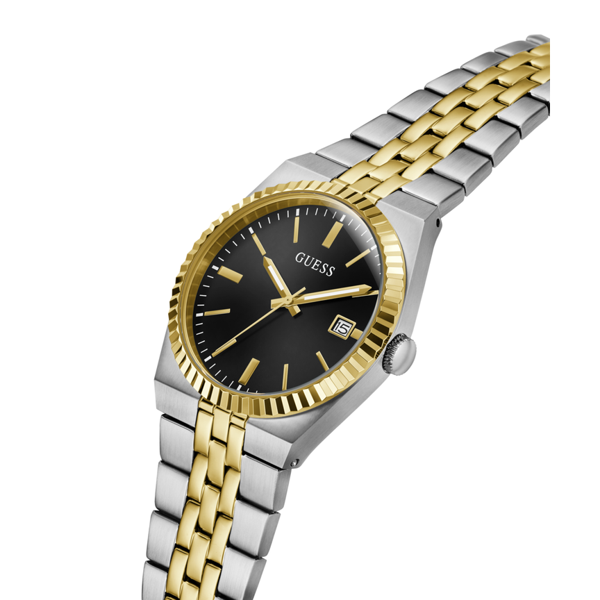 Guess Mens Vincent Two Tone Analogue Stainless Steel Watch In Silver/Gold/Black Dial