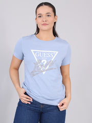 Guess Womens Cn Short Sleeves Love Triangle T-Shirt In Blue