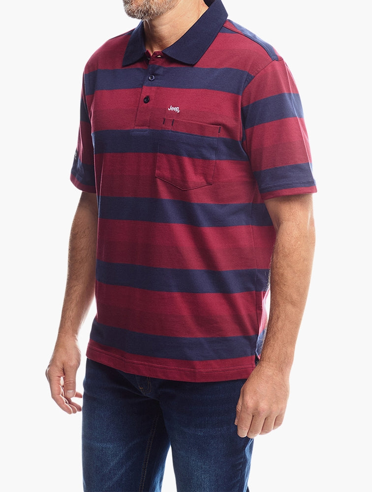 Jeep Yarndye Stripe Polo Golfer In Red Multi