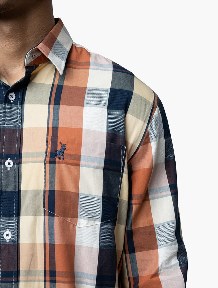 Polo Mens Easy Care Bold Orange Check Ls Shirt