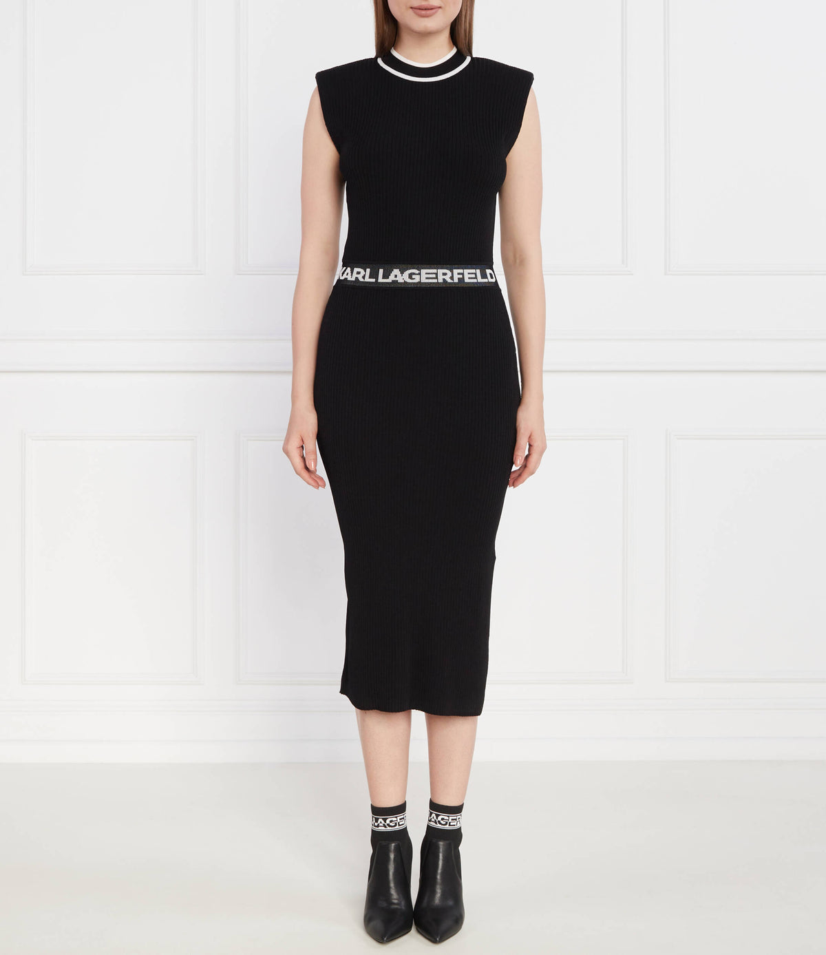 Karl Lagerfeld Ladies Sleeveless Padded Knit Dress In Black & White