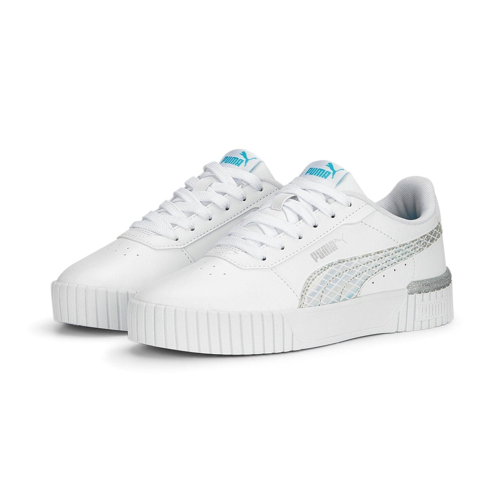 Puma Girls Carina 2.0 Mermaid PS Sneakers In White/Hero Blue/Silver
