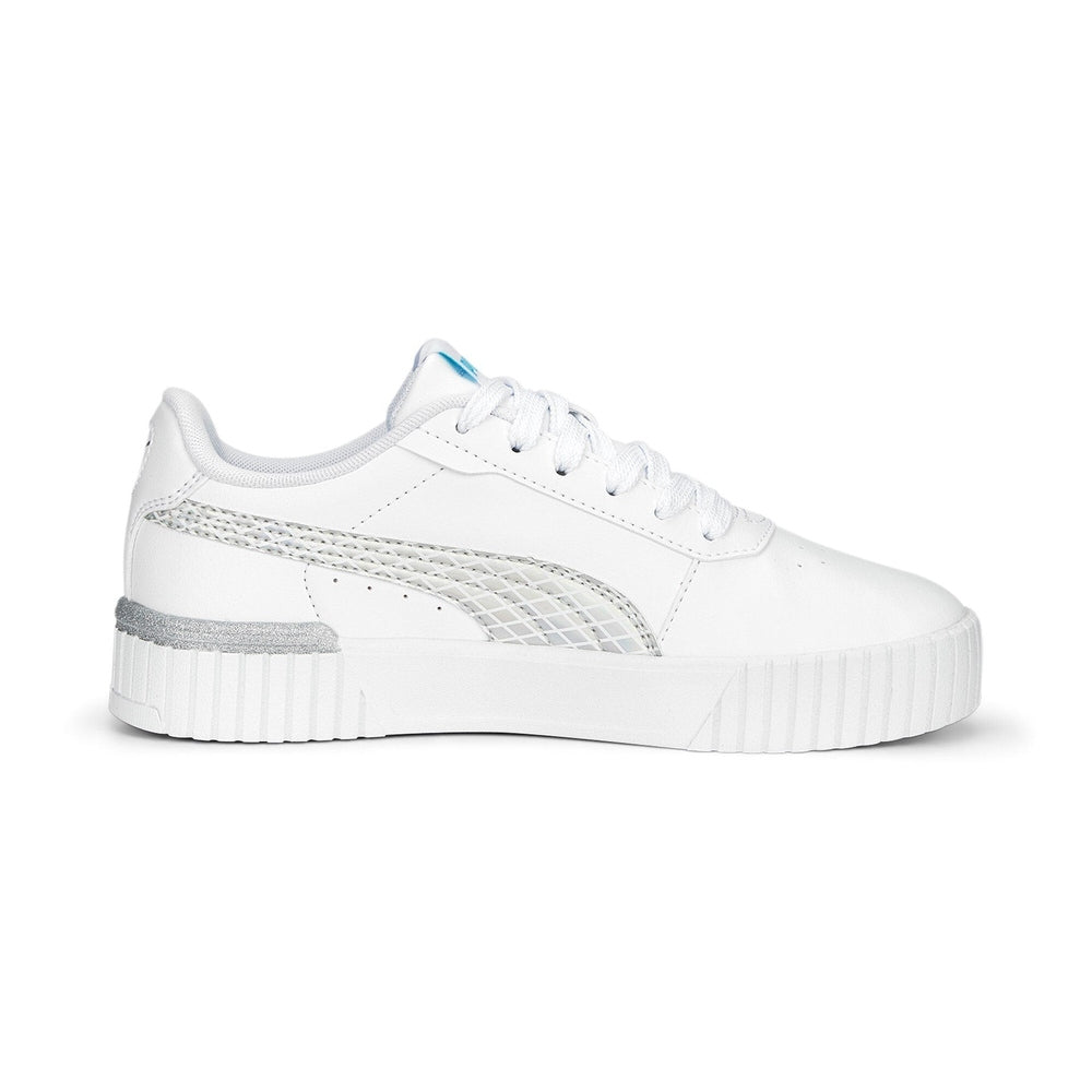 Puma Girls Carina 2.0 Mermaid PS Sneakers In White/Hero Blue/Silver