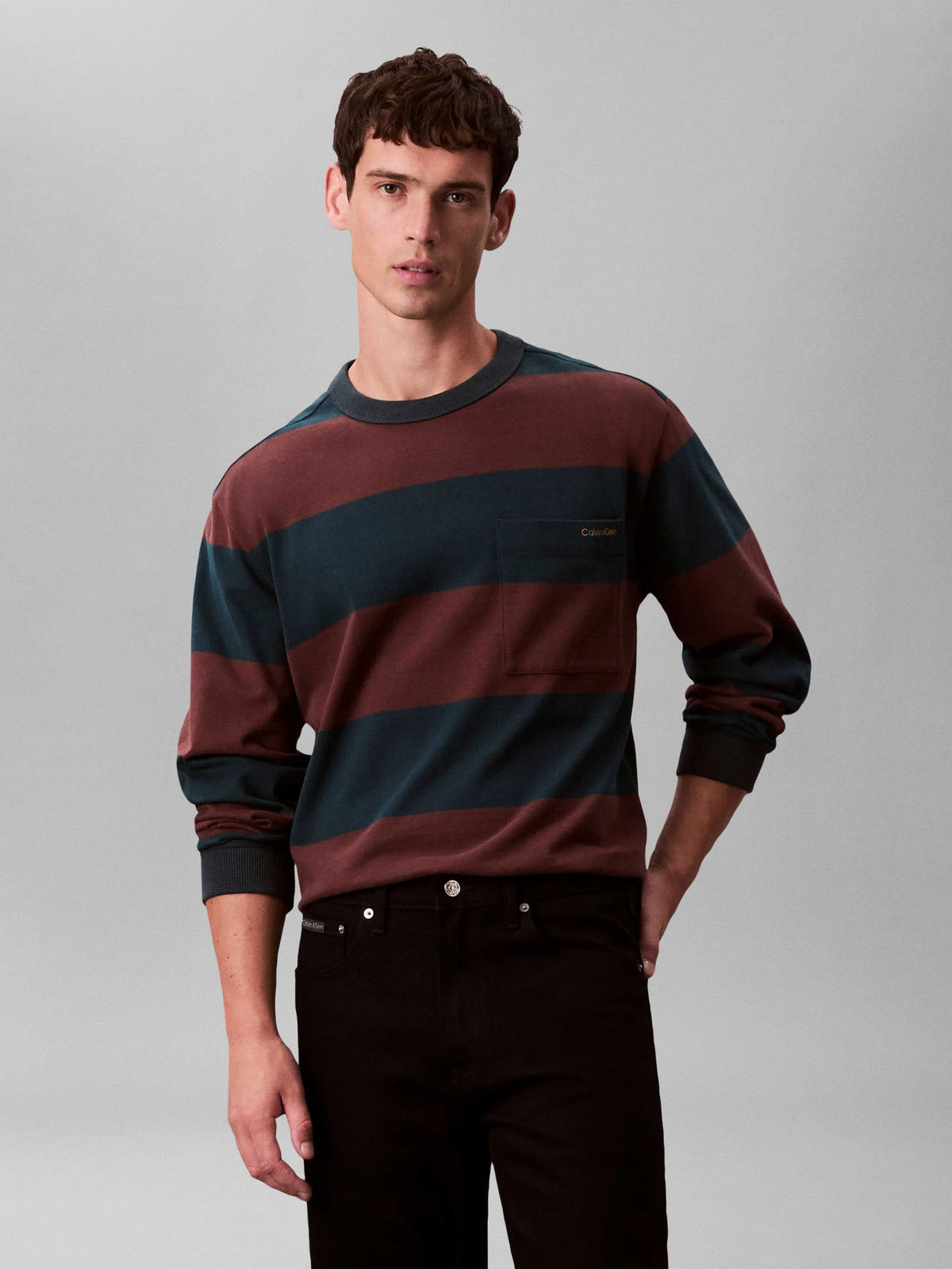 Calvin Klein Mens Sueded Stripe Pocket Long Sleeve T-Shirt In Multi
