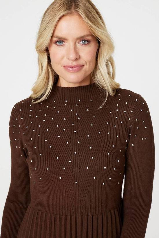Izabel London Womens Embellished High Neck Knit Dress In Chocolate