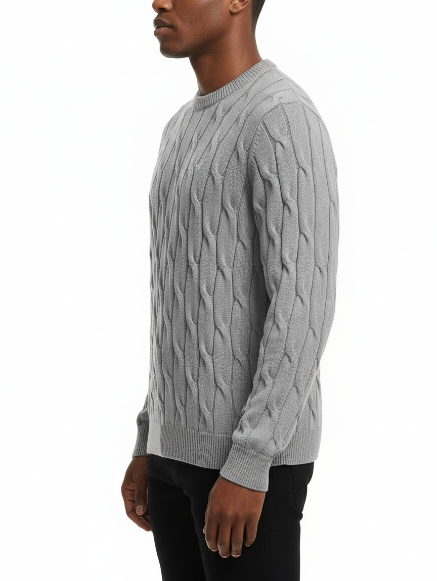 Polo Mens Long Sleeves Cable Crew Knitwear Grey