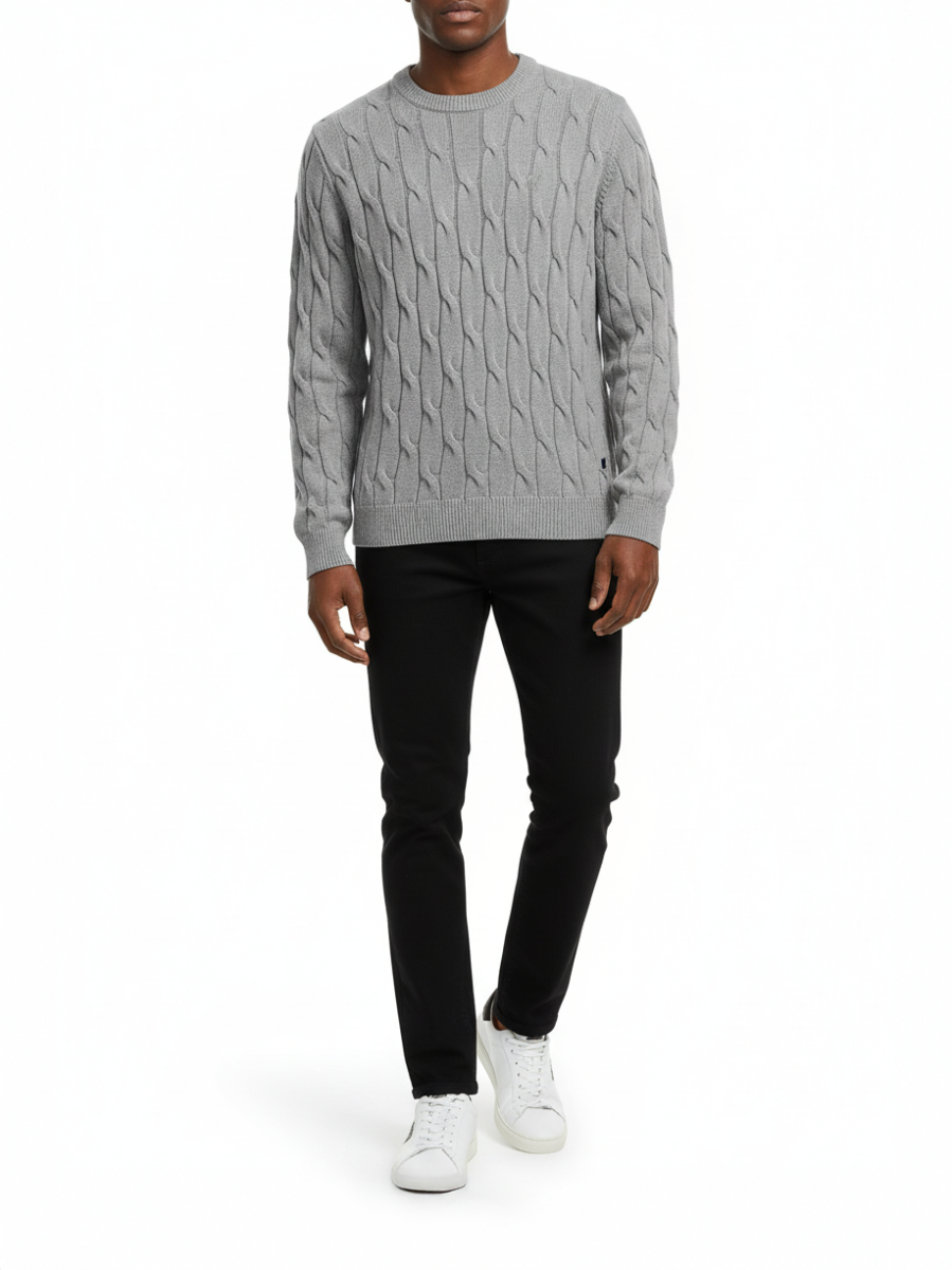 Polo Mens Long Sleeves Cable Crew Knitwear Grey