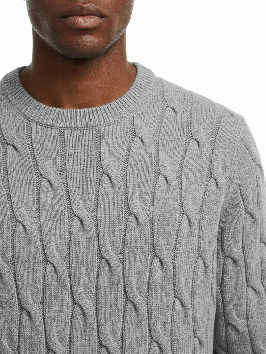 Polo Mens Long Sleeves Cable Crew Knitwear Grey