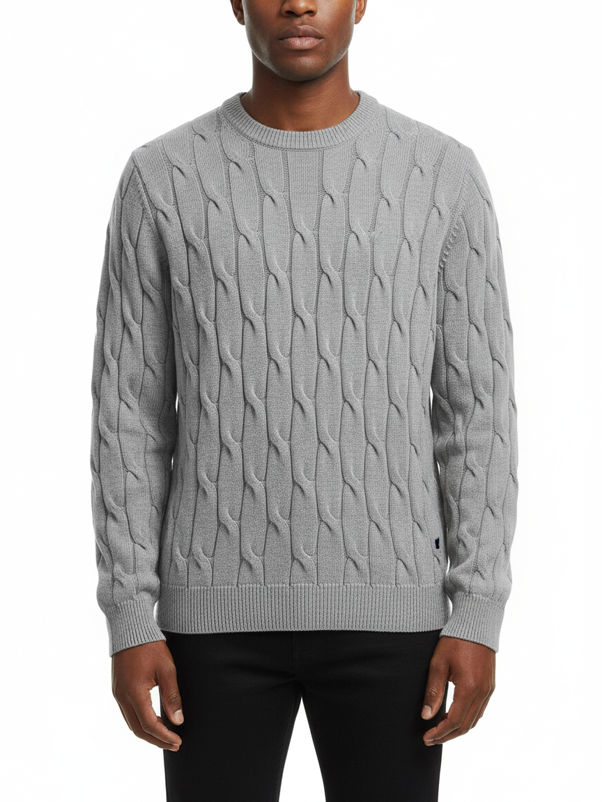 Polo Mens Long Sleeves Cable Crew Knitwear Grey
