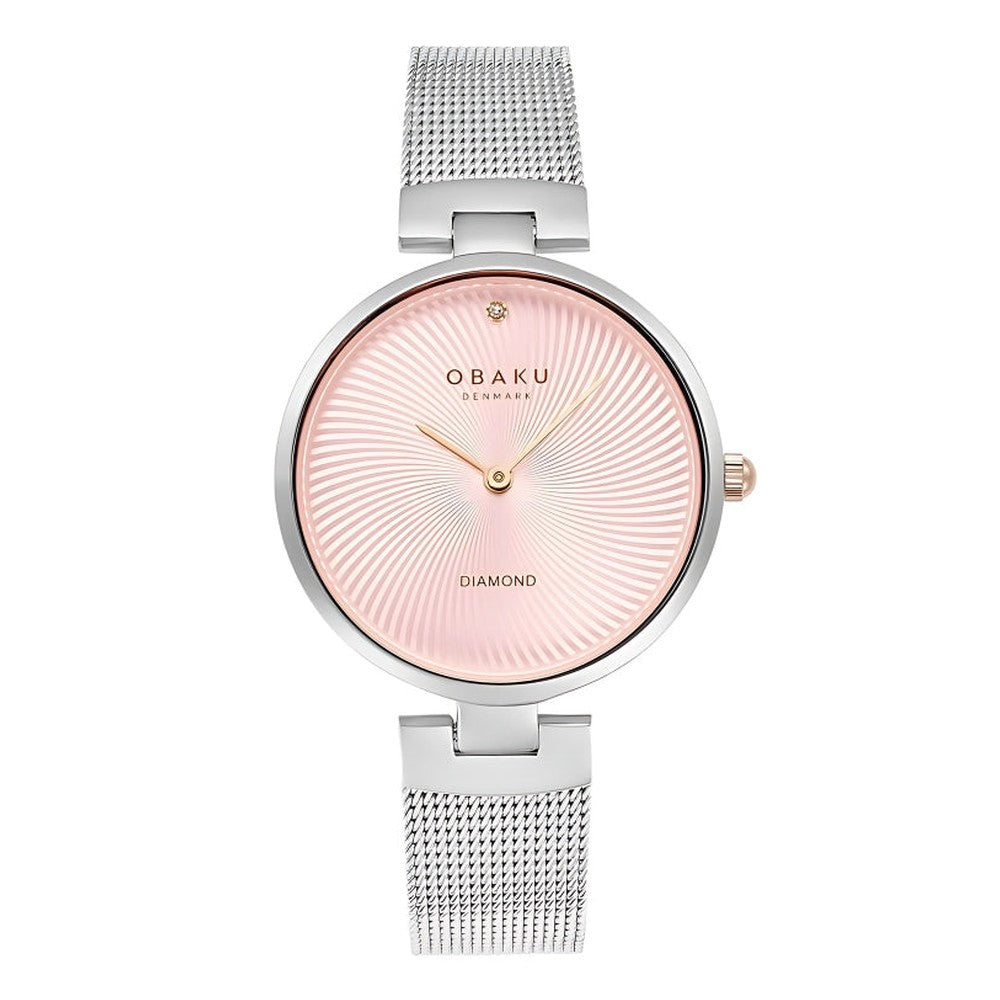 Obaku Womens Bergonia Diamant Stainless Steel Mesh Watch In Silver/Pink Dial